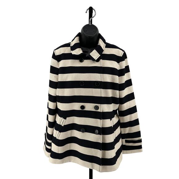 Ann Taylor Loft Striped Jacket Women's L Black Cream Double Breasted Long Sleeve - Picture 1 of 8